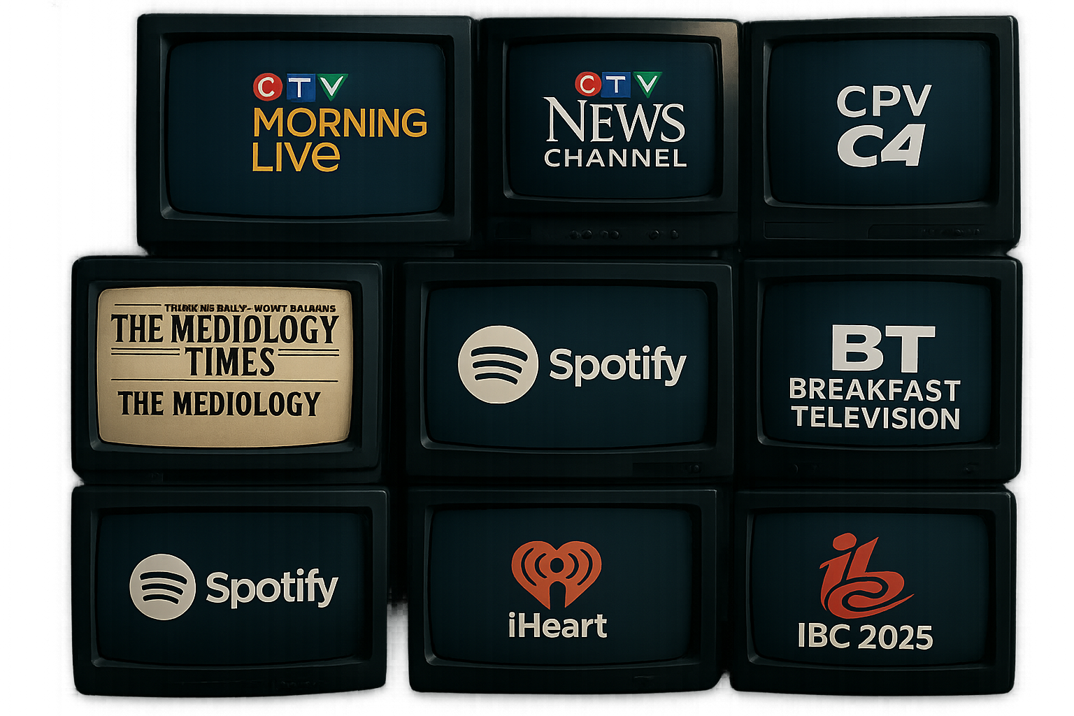 Retro wall of televisions and media devices